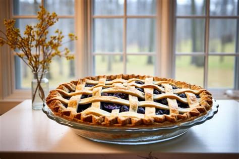 Premium Photo A Blueberry Pie With A Golden Flaky Crust On A Windowsill