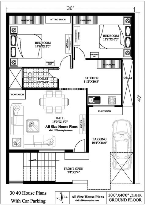 30 40 House Plans With Car Parking Best 2bhk House Plan