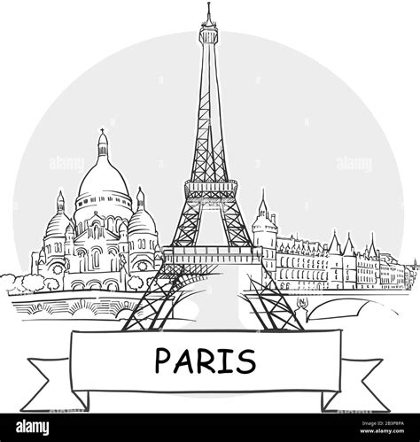 Paris Cityscape Vector Sign Line Art Illustration With Ribbon And Title Stock Vector Image