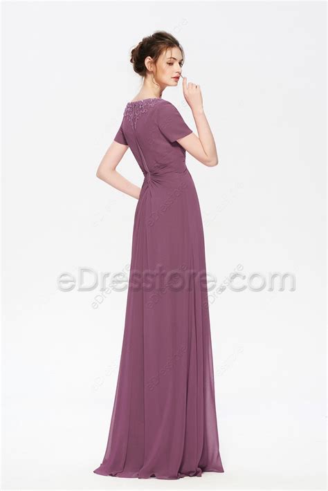 Modest Lds Beaded Mauve Bridesmaid Dress Edresstore