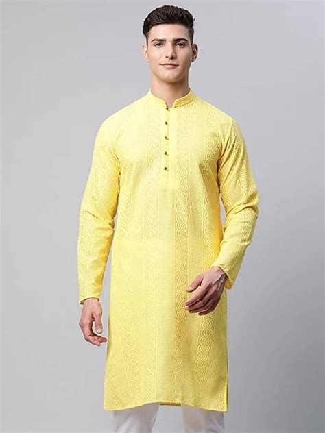 Indian Designer Traditional Chicken Curry Kurta Yellow Colors Kurta