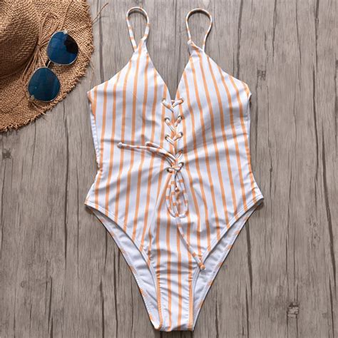 2019 Summer Striped Strap One Piece Swimsuit Female Swimwear Women String Monokini Bathing Suit