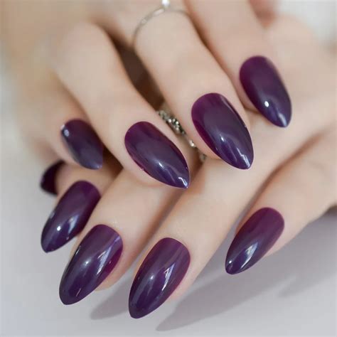 Oval Almond Sharp Solid Gray Purple Fake Nails Stiletto Full Cover