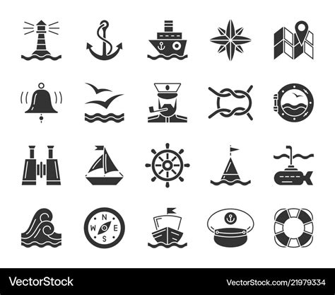 Marine Black Glyph Icons Nautical Set Royalty Free Vector