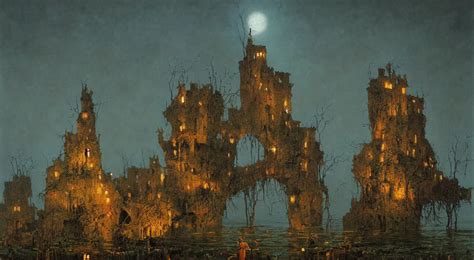 An Oil Painting Of A Flooded Ancient Fungi Tower At Stable Diffusion