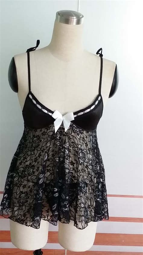 Plus Size Sexy Black Spaghetti Straps Floral Pattern Babydoll Lingerie