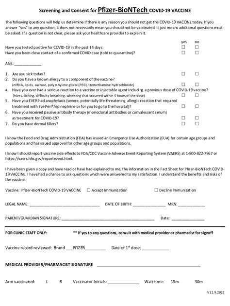 Fillable Online Screening And Consent For Pfizer Biontech Covid