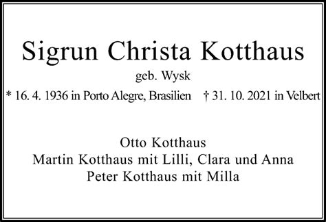 Traueranzeigen Von Sigrun Christa Kotthaus Trauer In NRW De