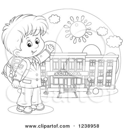 Clipart of a Black and White School Boy Presenting a Building on a ...