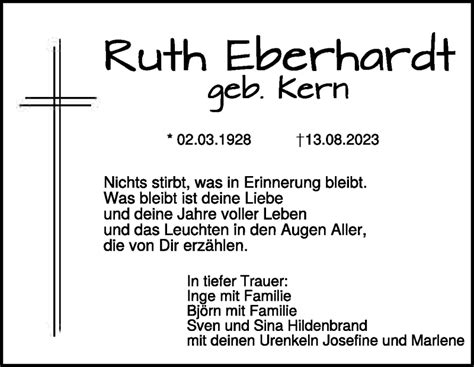 Traueranzeigen Von Ruth Eberhardt Trauer Hz De