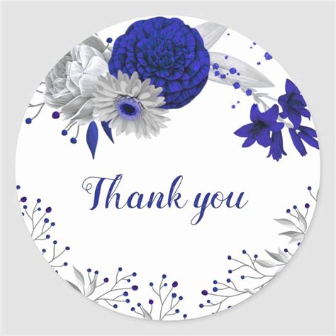 royal blue & silver flowers thank you classic round sticker | Zazzle ...