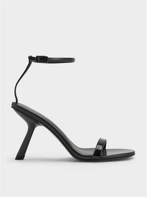 Black Patent Slant Heel Ankle Strap Sandals Charles And Keith Pl