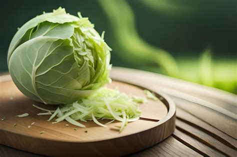 Un Repollo Verde Se Sienta En Una Tabla De Cortar De Madera Con Un