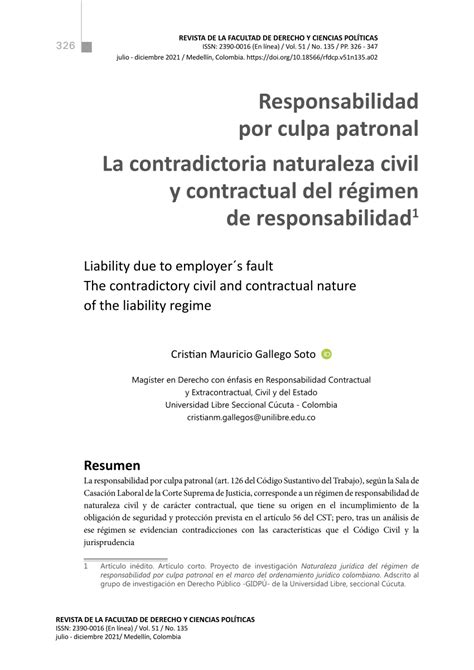 Pdf Responsabilidad Por Culpa Patronal La Contradictoria Naturaleza