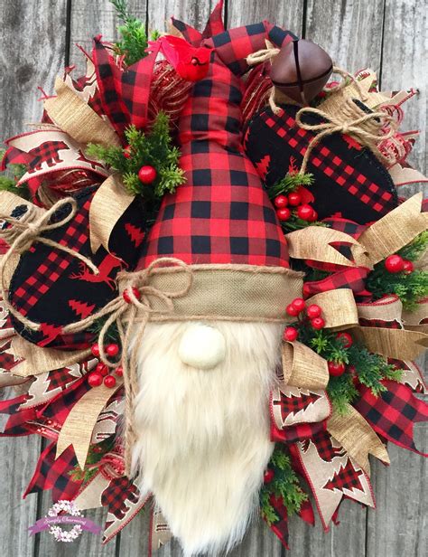 Buffalo Plaid Christmas Wreath Santa Gnome Wreath Rustic Christmas