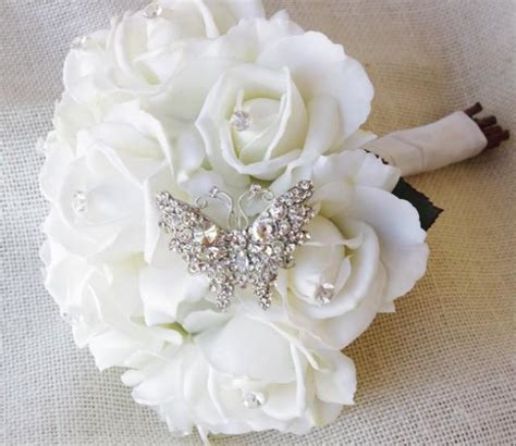 Spectacular Butterfly Brooch Wedding Bouquet Silk White Roses And Jewel