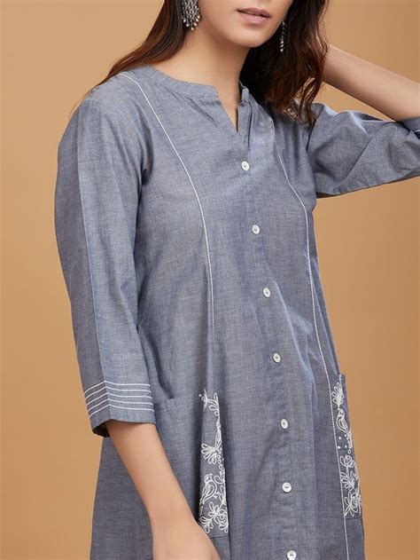 Buy Indigo Embroidered Cotton Kurta With Grey Pants Set Of Online