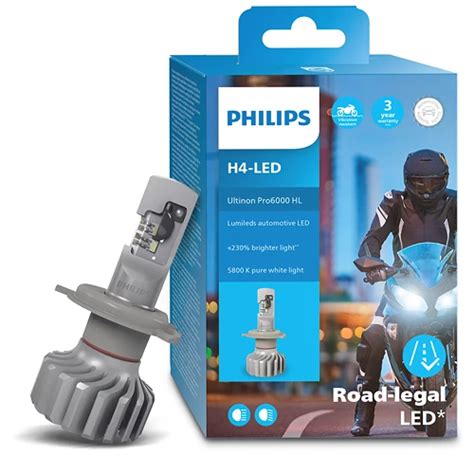 PHILIPS H4 LED für Motorrad Ultinon Pro6000 5800K 12V 18W P43t Moto