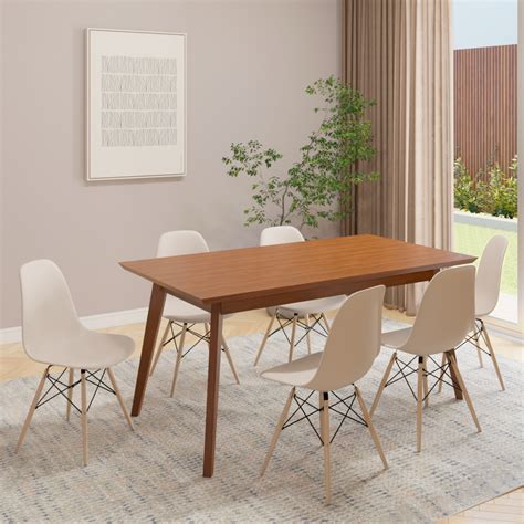 Conjunto Mesa de Jantar Retangular Vértice 160cm Nozes 6 Cadeiras Eames Eiffel Nude