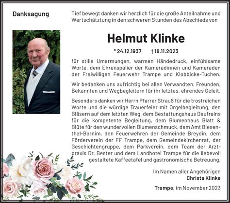 Traueranzeigen von Helmut Klinke Märkische Onlinezeitung Trauerportal