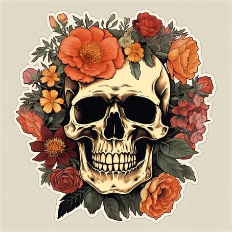 Uma Caveira E Flores Anunciam Uma Tatuagem De Caveira Vetor Premium