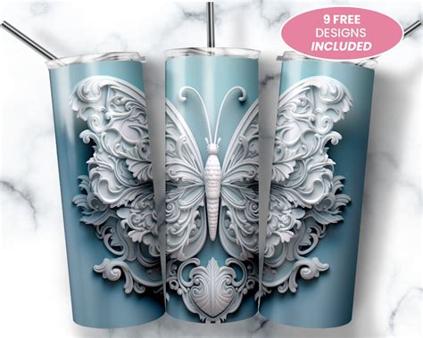 3d White Butterfly 20 Oz Skinny Tumbler Sublimation Design Digital