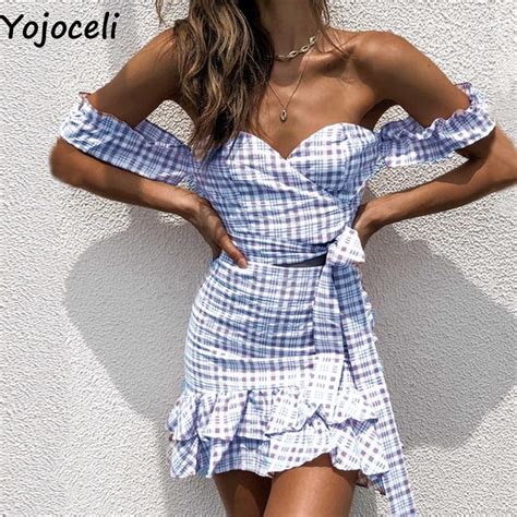 Yojoceli Sexy Plaid Blue Boho Beach Dress Women Two Piece Set Summer