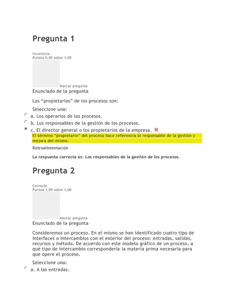 Gestion De Calidad Evaluacion Pregunta 1 Incorrecta Punt A 0 00