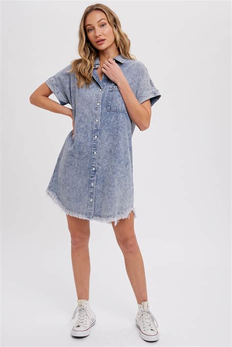 Frayed Hem Denim Shirt Dress Livmad And Company