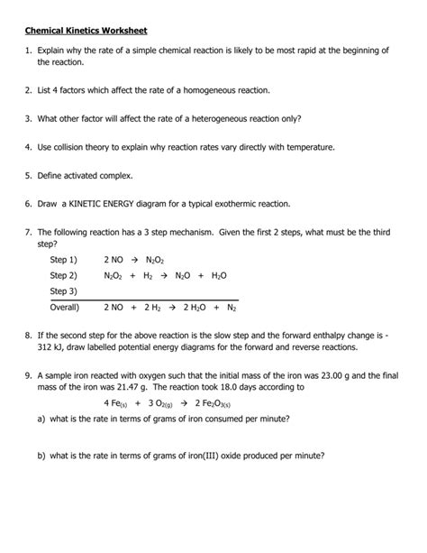 Chemistry Practice Worksheet Chemical Kinetics By ChemPlus Worksheets