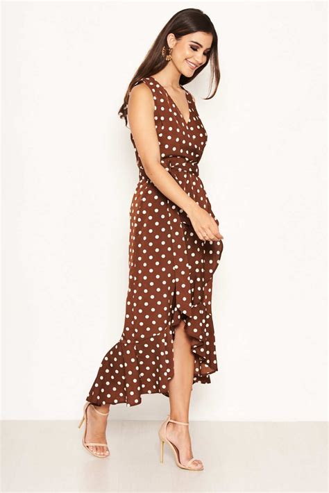 Brown Polka Dot Wrap Dress Ax Paris