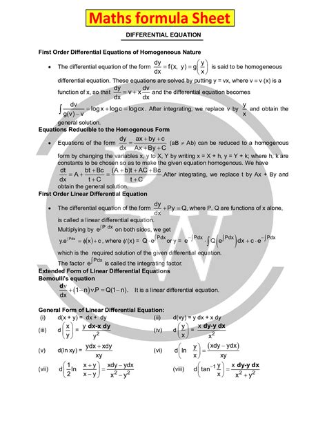 Class Maths Formula For Chapter Differential Equation Entrancei