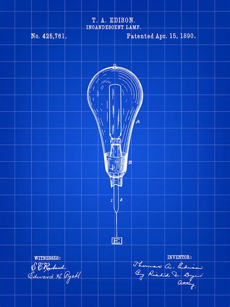 Thomas Edison Incandescent Lamp Patent 1890 Blue Digital Art By