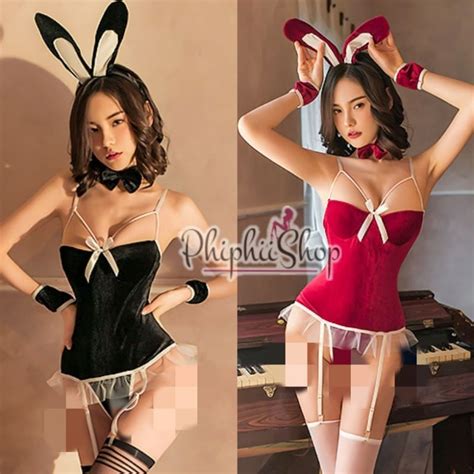 Jual Lingerie Set Kelinci Bunny Girl Kostum Beludru Halus Open V