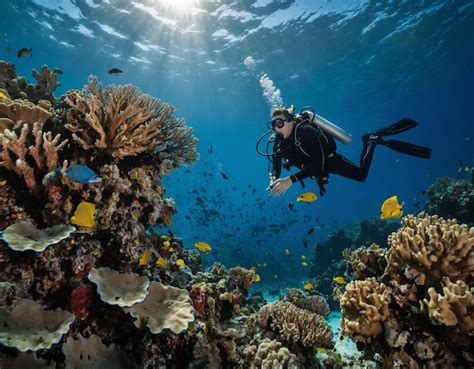 Premium Photo | A diver swims over a coral reef with a diver and other ...