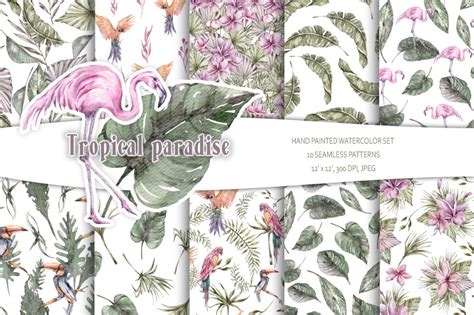 Watercolor Tropical Digital Paper Seamless Patterns By Tiana Geo Art