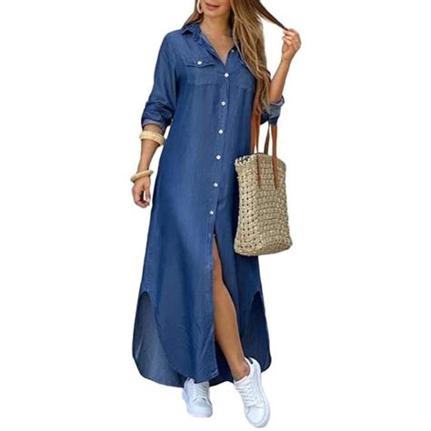 Minetom Robe T Femme De Plage R Tro Denim Robes Col V Casual Tuniques