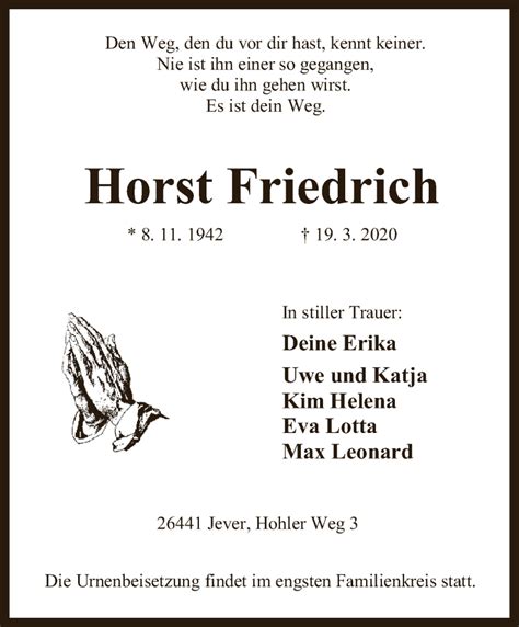 Traueranzeigen Von Horst Friedrich Nordwest Trauer De