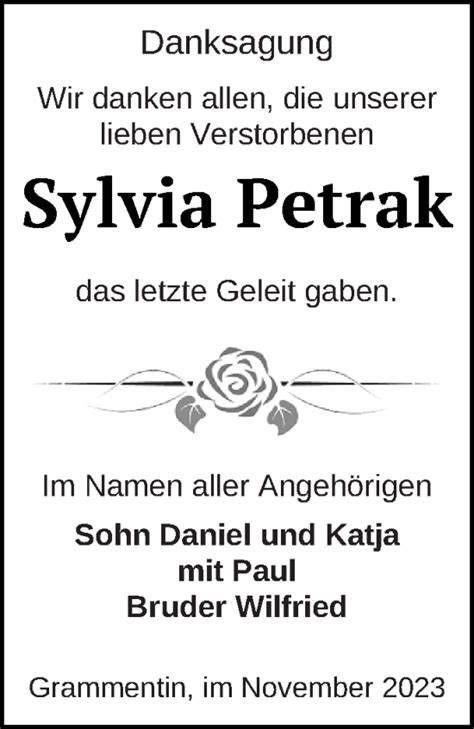 Traueranzeigen Von Sylvia Petrak Trauer Nordkurier