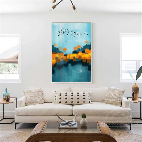 Teal Light Blue Landscape Painting Orange Tree Birds Abstract - Etsy