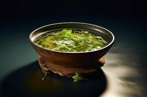 Un Plato De Sopa Con Una Hoja A Un Lado Foto Premium