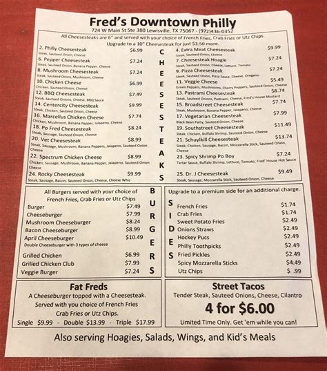 Menu at Fred’s Downtown Philly Cheesesteaks restaurant, Lewisville