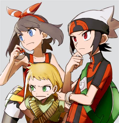 Safebooru 1girl 2boys Bag Bangs Beanie Blonde Hair Blue Eyes Bow Brendan Pokemon Brown Hair