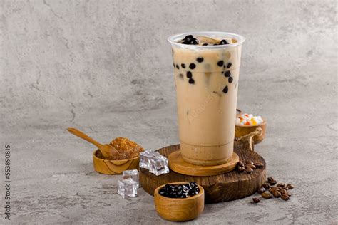 Boba or tapioca pearls is taiwan bubble milk tea in plastic cup with ...