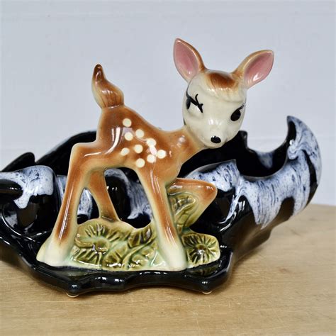 Vintage S Bambi Deer Planter With Black And Blue Marbled Etsy