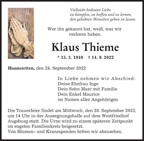 Traueranzeigen Von Klaus Thieme Augsburger Allgemeine Zeitung