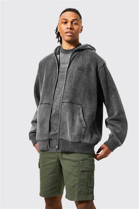 Oversized Washed Zip Through Hoodie Boohoo