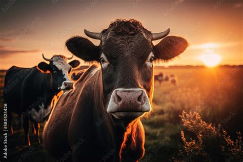 Cows herd on a grass field during the summer at sunset. A cow is ...