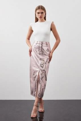 Karen Millen Metallic Faux Leather Midi Skirt In Pink Shiny Slit Hem