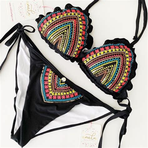 Analu Boutique Swim Nwt Boho Black Embellished Sexy Bikini Set